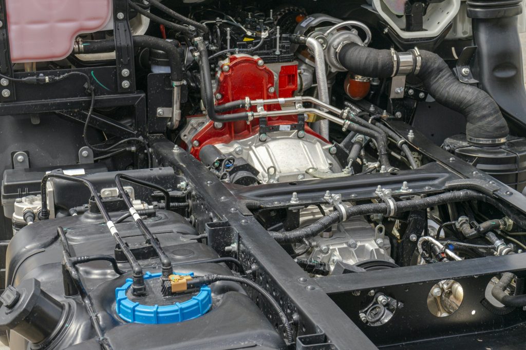 Truck car gearbox inside under the hood chassis clean